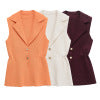 Fashionable buckle decoration lapel pleated knitted vest for women